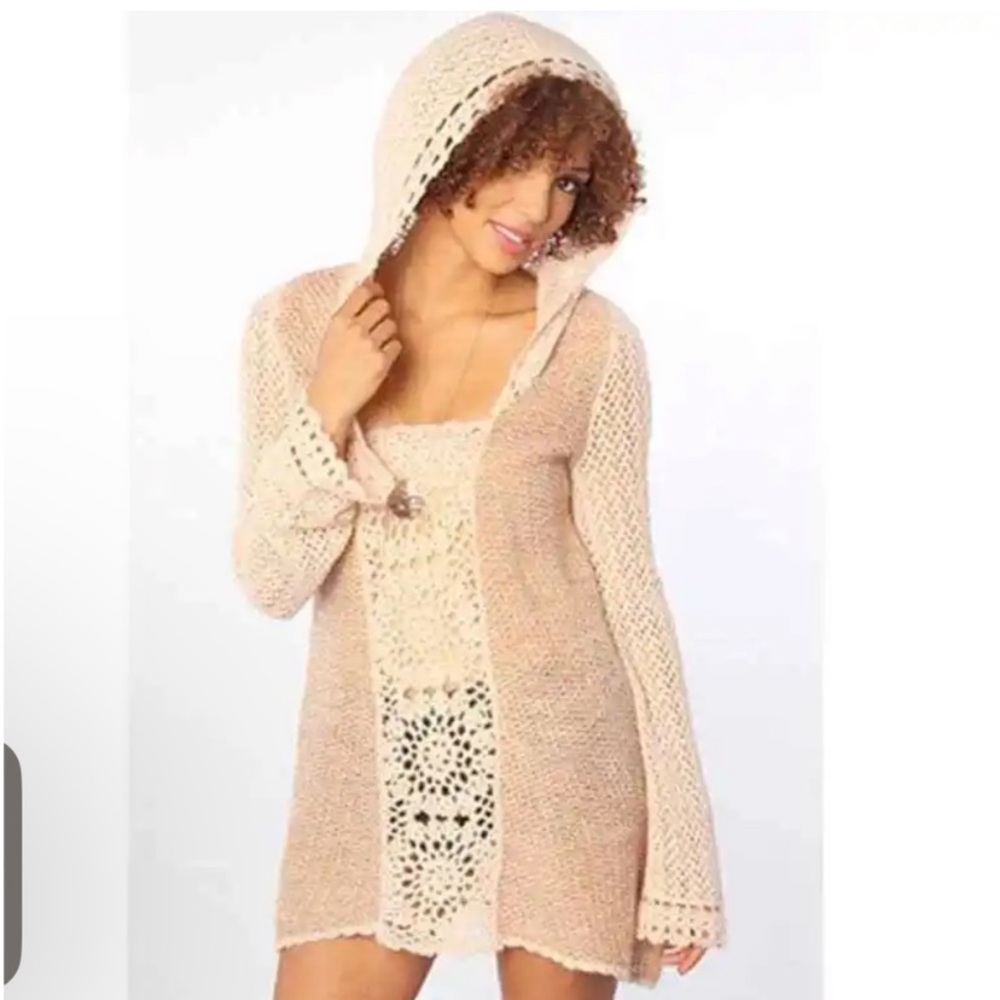 Free People Merci Crochet Hooded Tunic Sweater